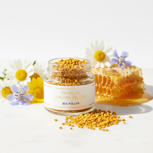 Golden Pollen pure bee pollen in glass jar